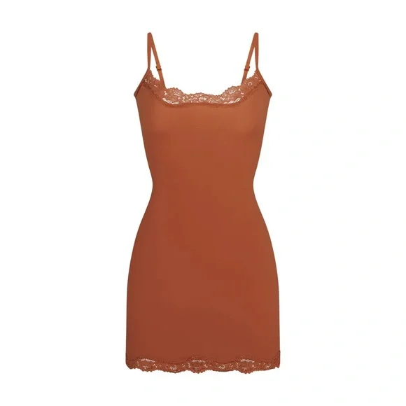 NWT SKIMS Fits Everybody Corded Lace Slip Dress In Bronze - Picture 4 of 6